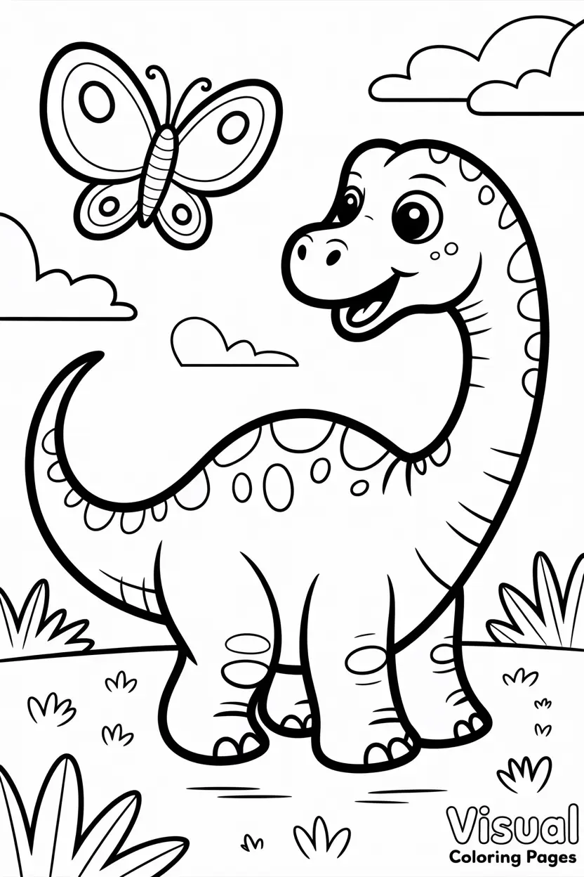 cute baby brachiosaurus chasing a butterfly