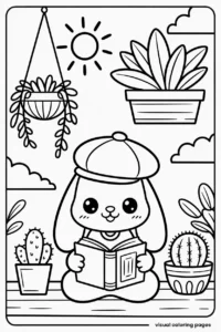 cute bunny reading while surrounded by succulents