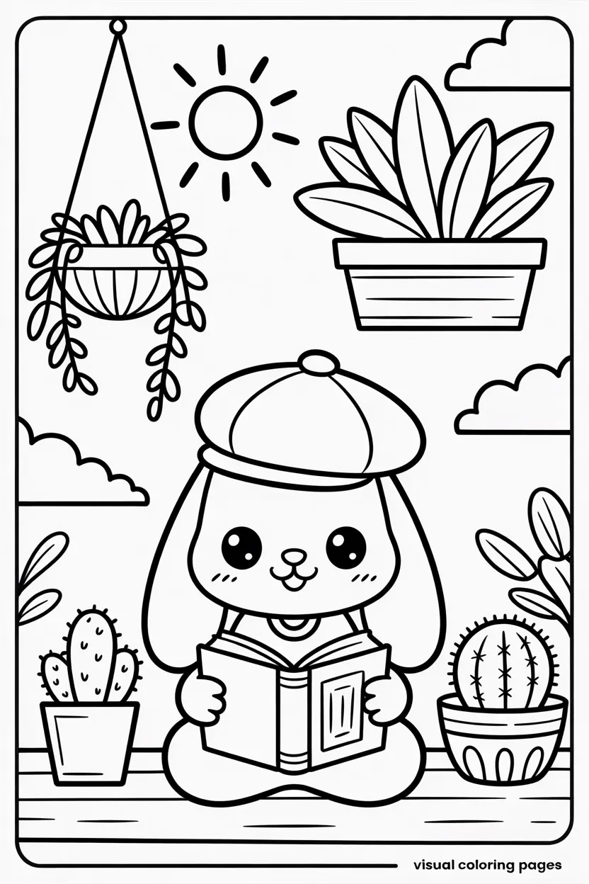 cute bunny reading while surrounded by succulents