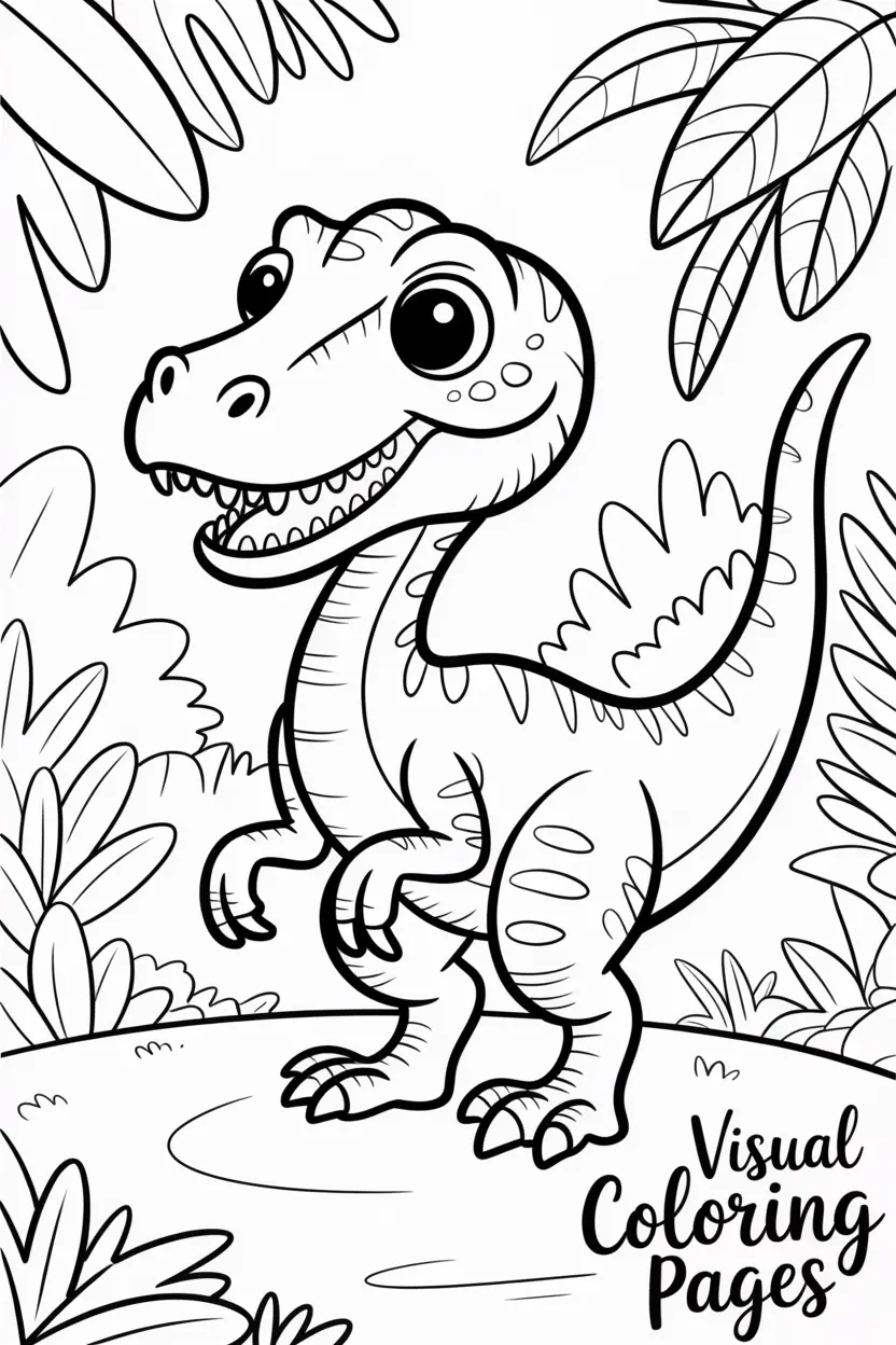 cute cartoon velociraptor smiling and standing in a jungle