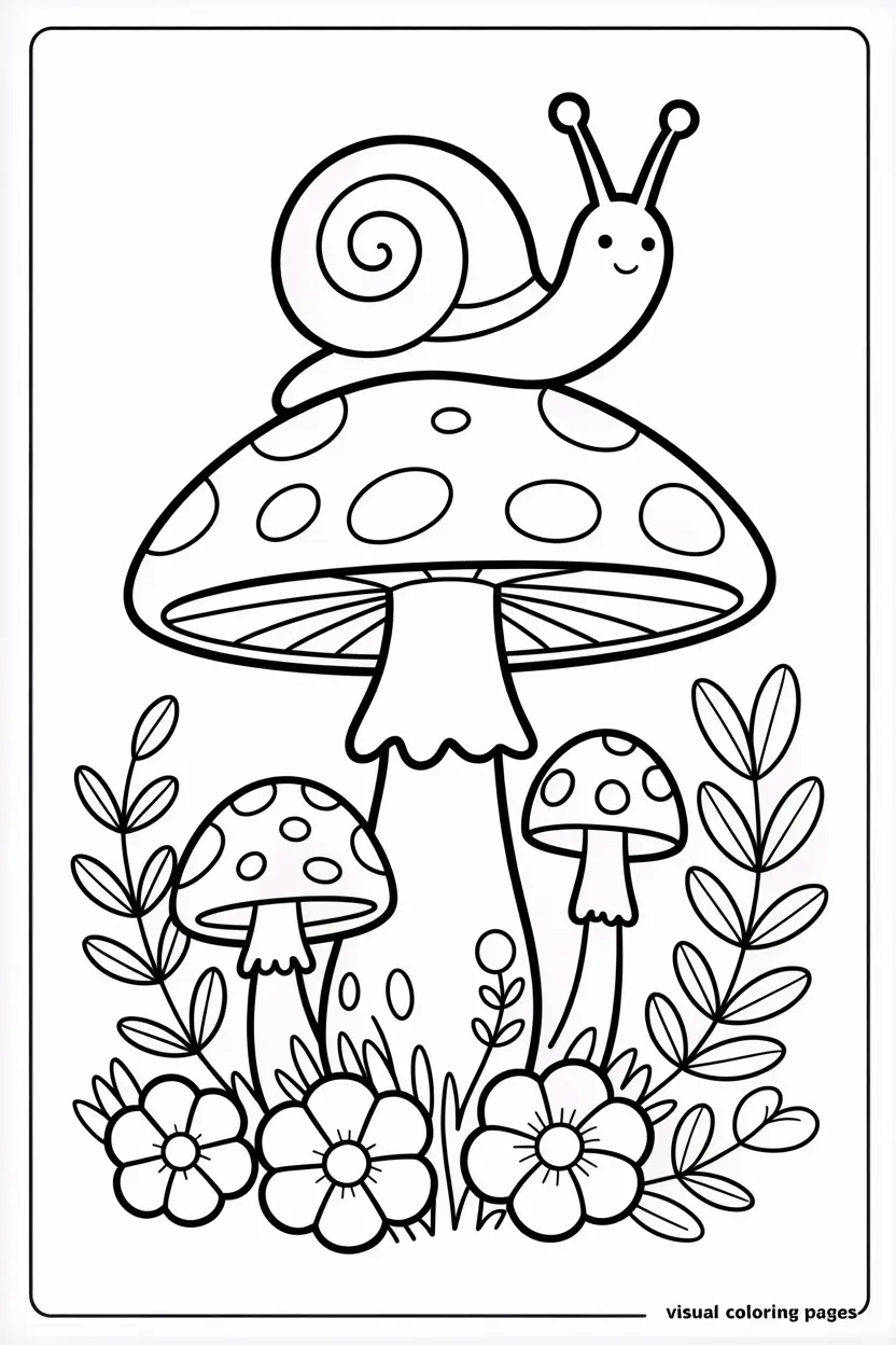 cute cottagecore snail on a mushroom aesthetic coloring page for kids