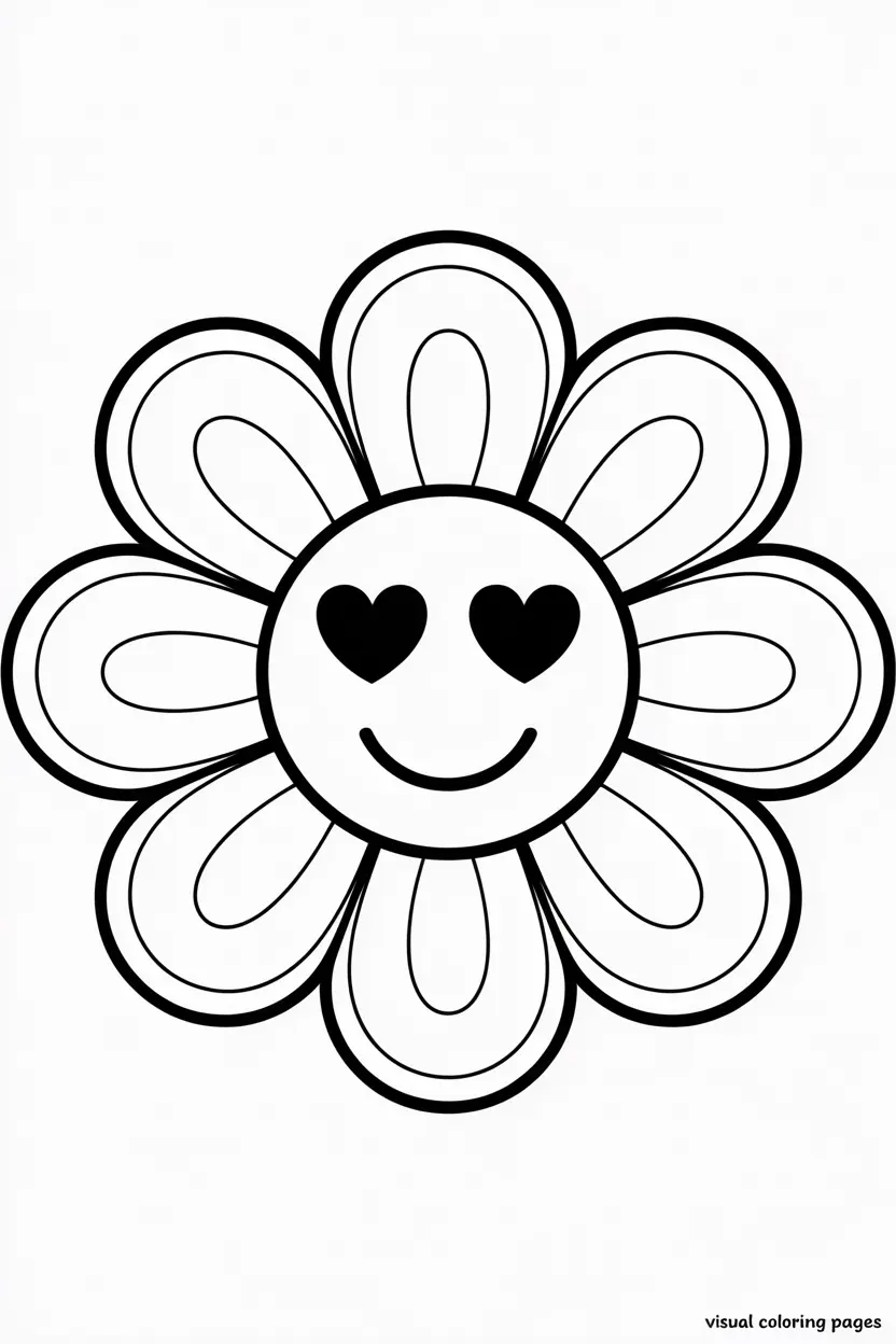 cute flower with love heart for eyes coloring sheet for preschoolers