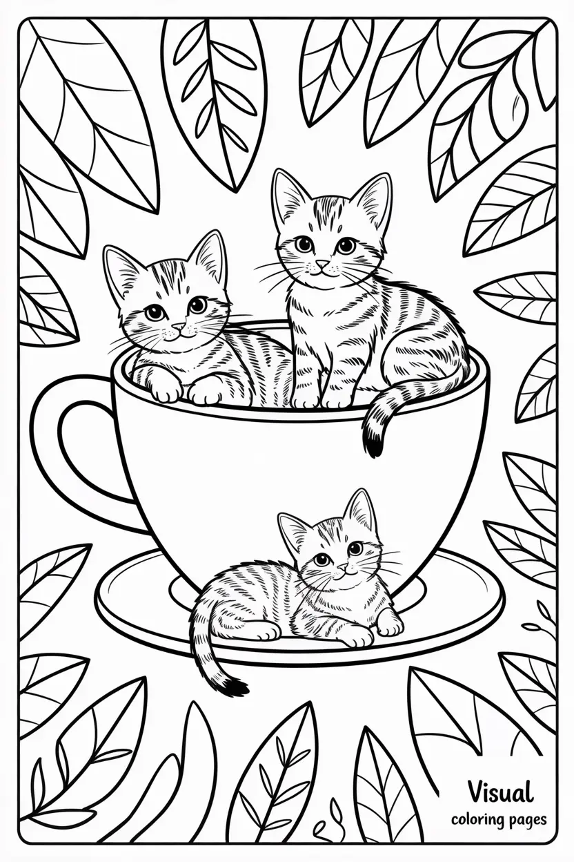 cute kittens swimming in coffee cup coloring page