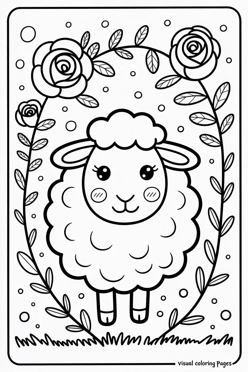cute little sheep surrounded by roses cottagecore coloring page