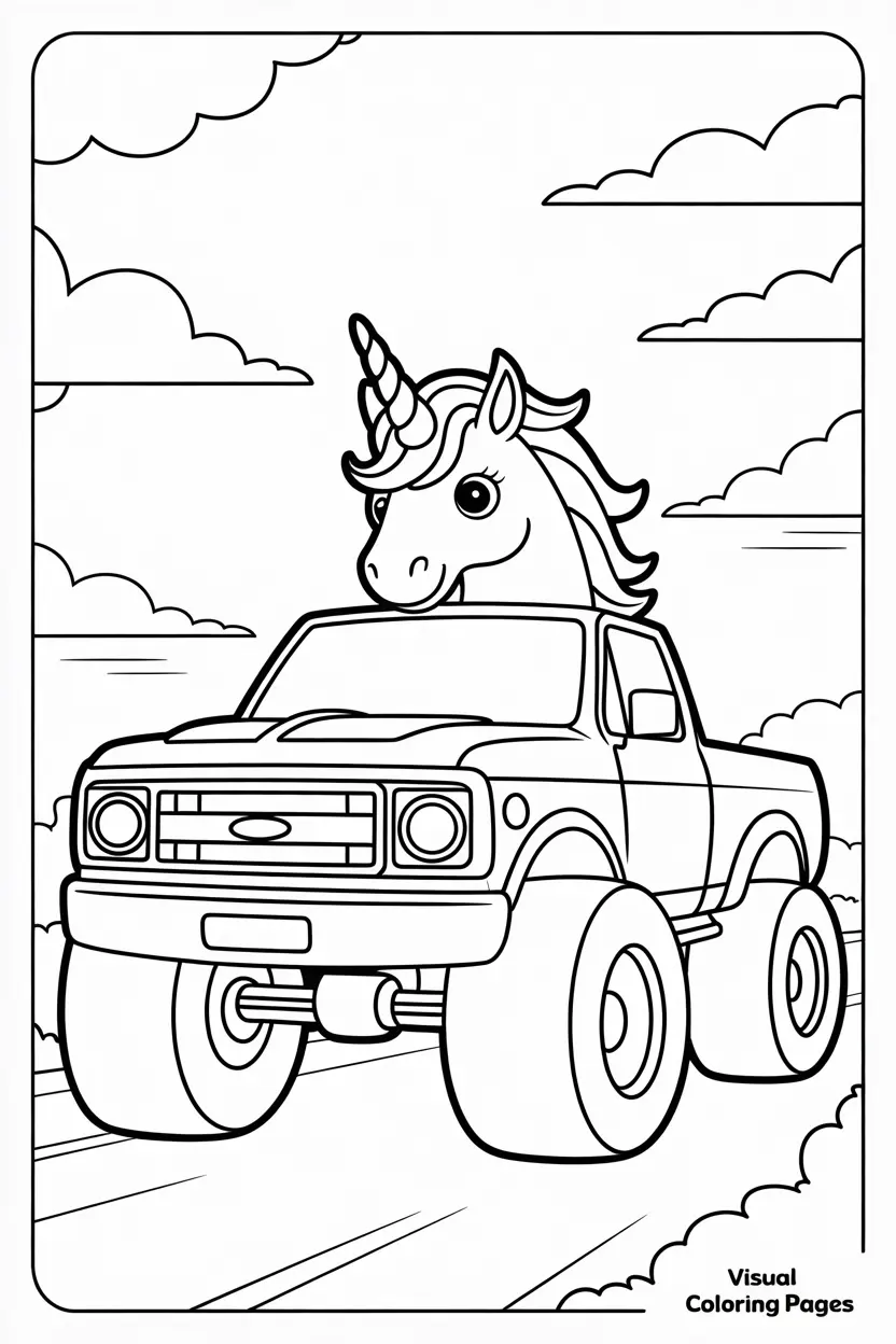 cute sparkle unicorn smash monster truck coloring sheet