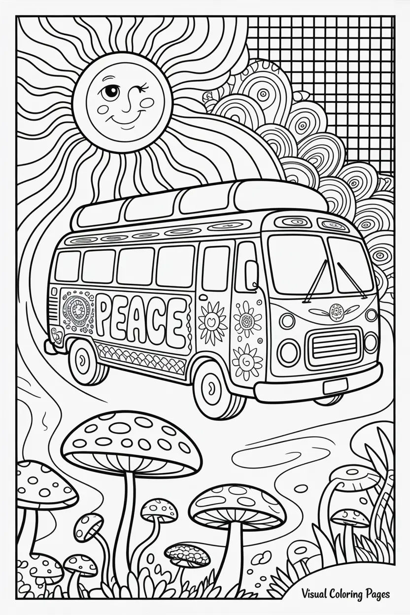 detailed two level hippie bus on trippy road coloring page