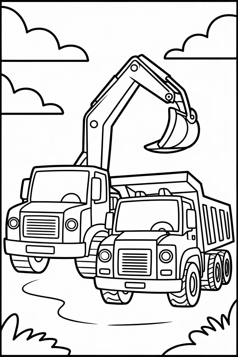 digger truck and dump truck side by side like friends
