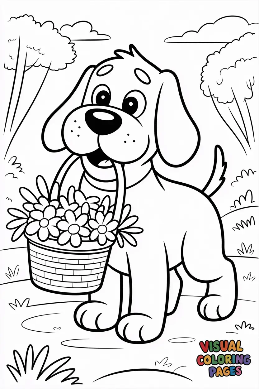dog carrying a basket of flowers in its mouth