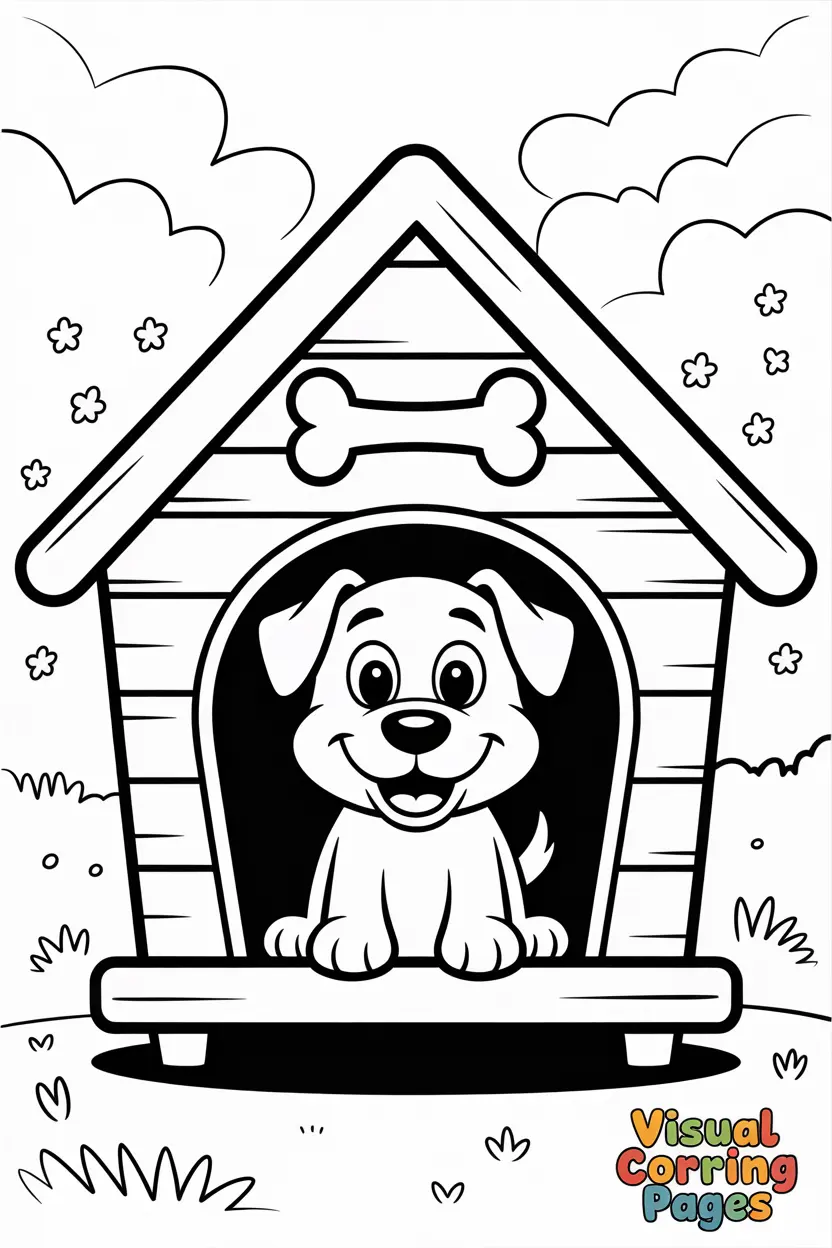 dog sitting inside a doghouse with a bone sign