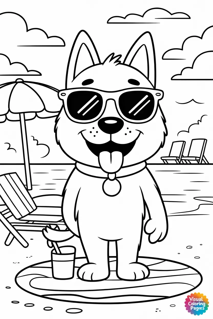 dog wearing sunglasses at the beach