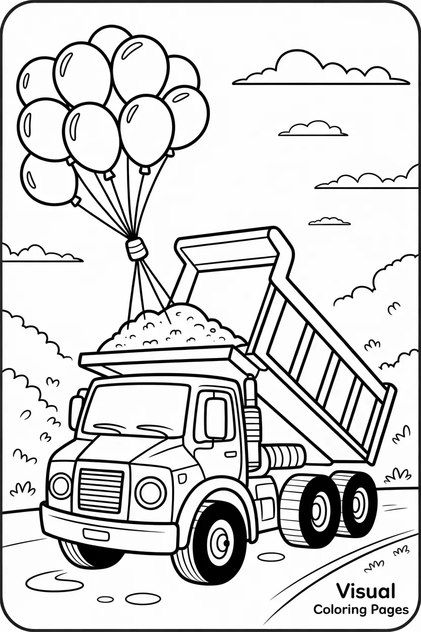 dump truck unloading sand with balloons tied on it