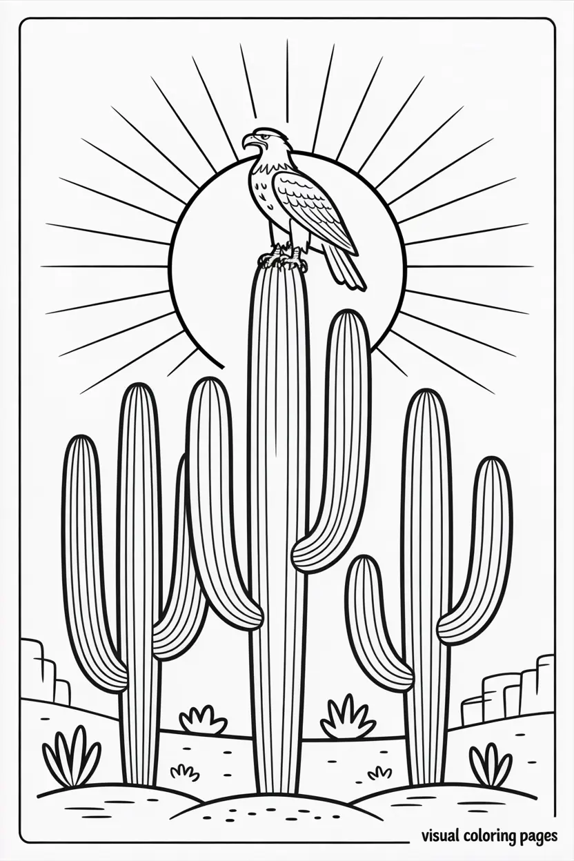 eagle sitting on top of a cactus boho coloring page