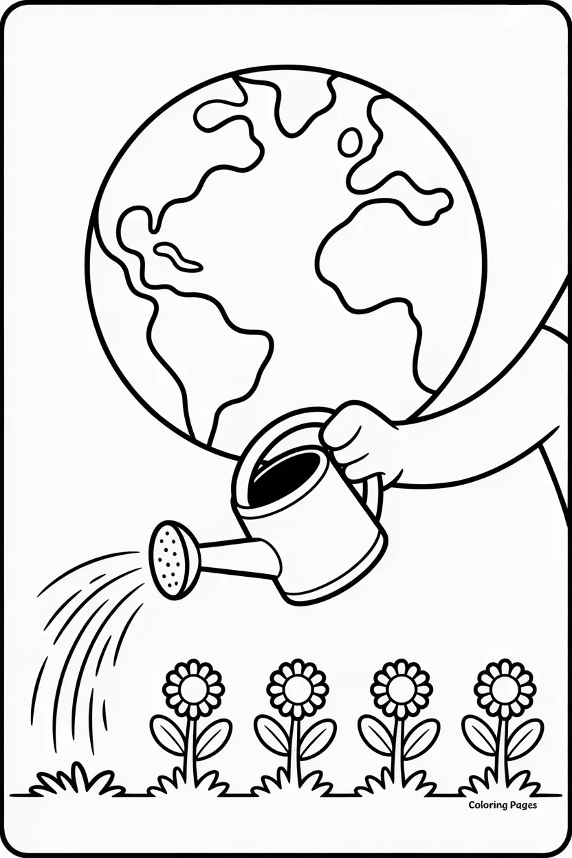 earth holding a watering can watering plants below