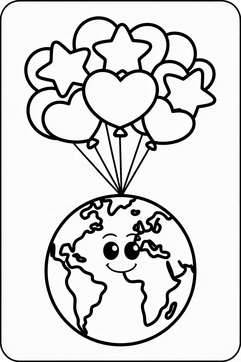 earth holding balloons shaped like stars and hearts