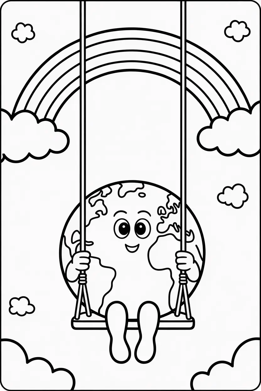 earth riding on a swing hanging from a rainbow