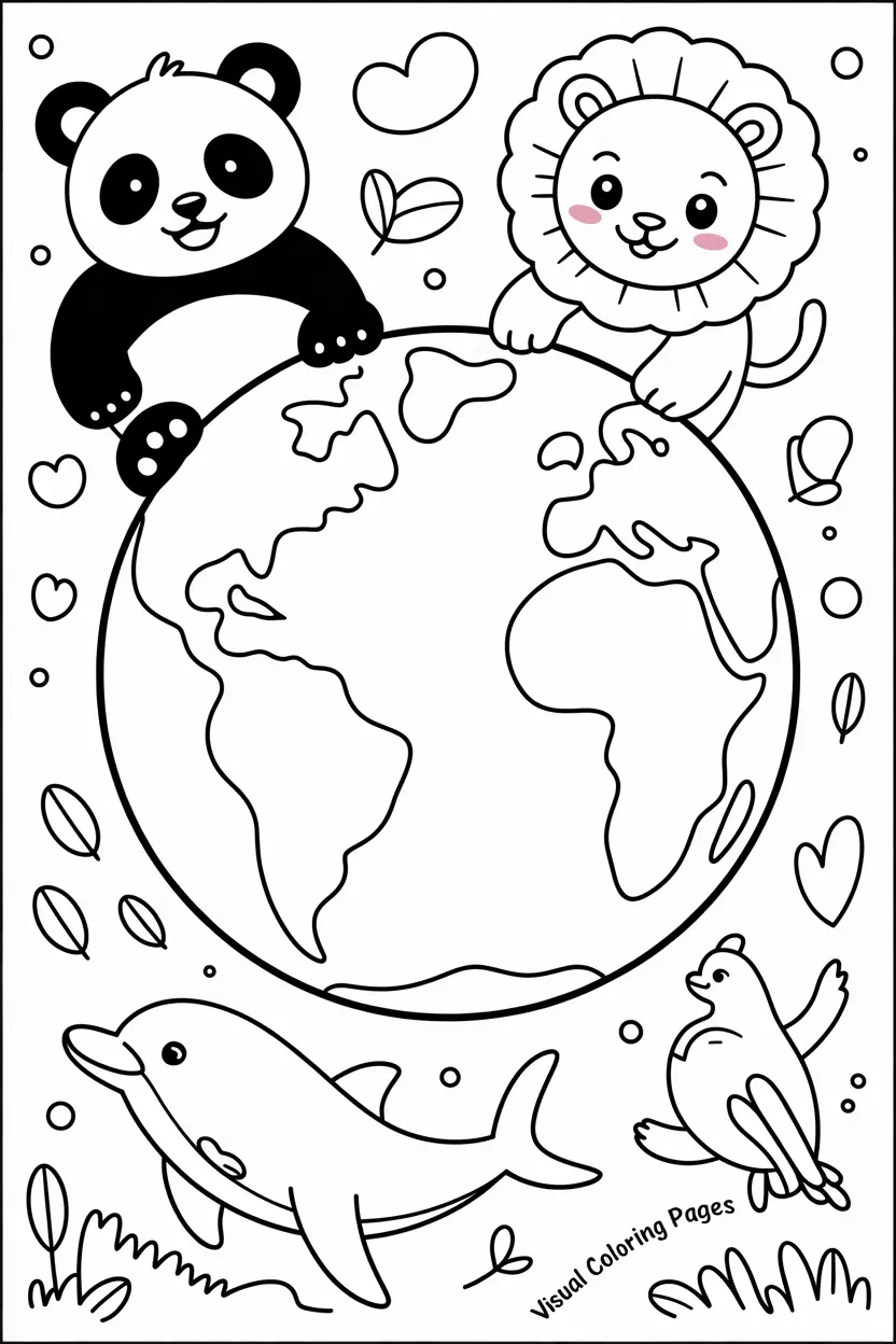 earth surrounded by cute animals like panda lion dolphin and bird