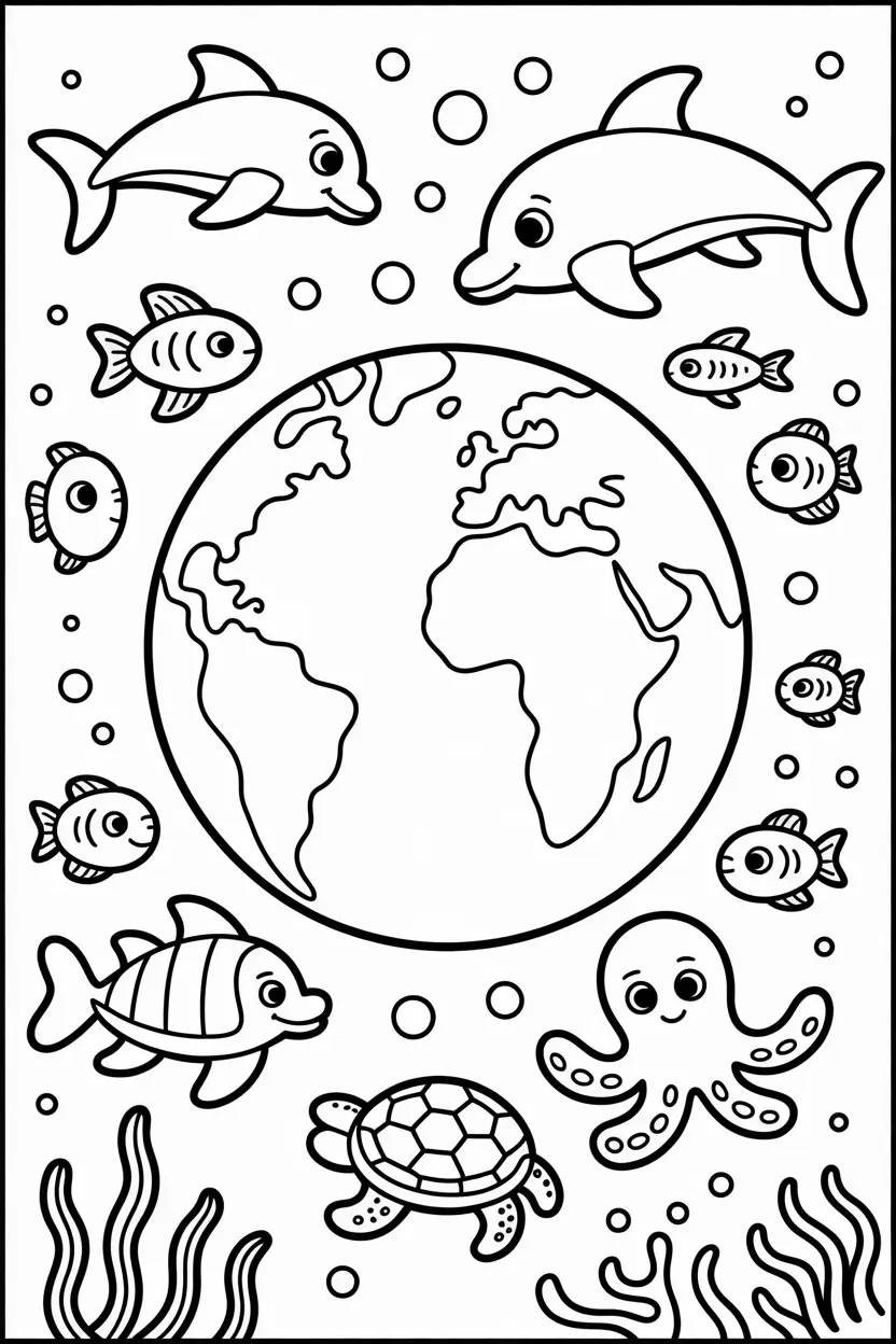 earth surrounded by sea creatures like fish dolphin turtle and octopus