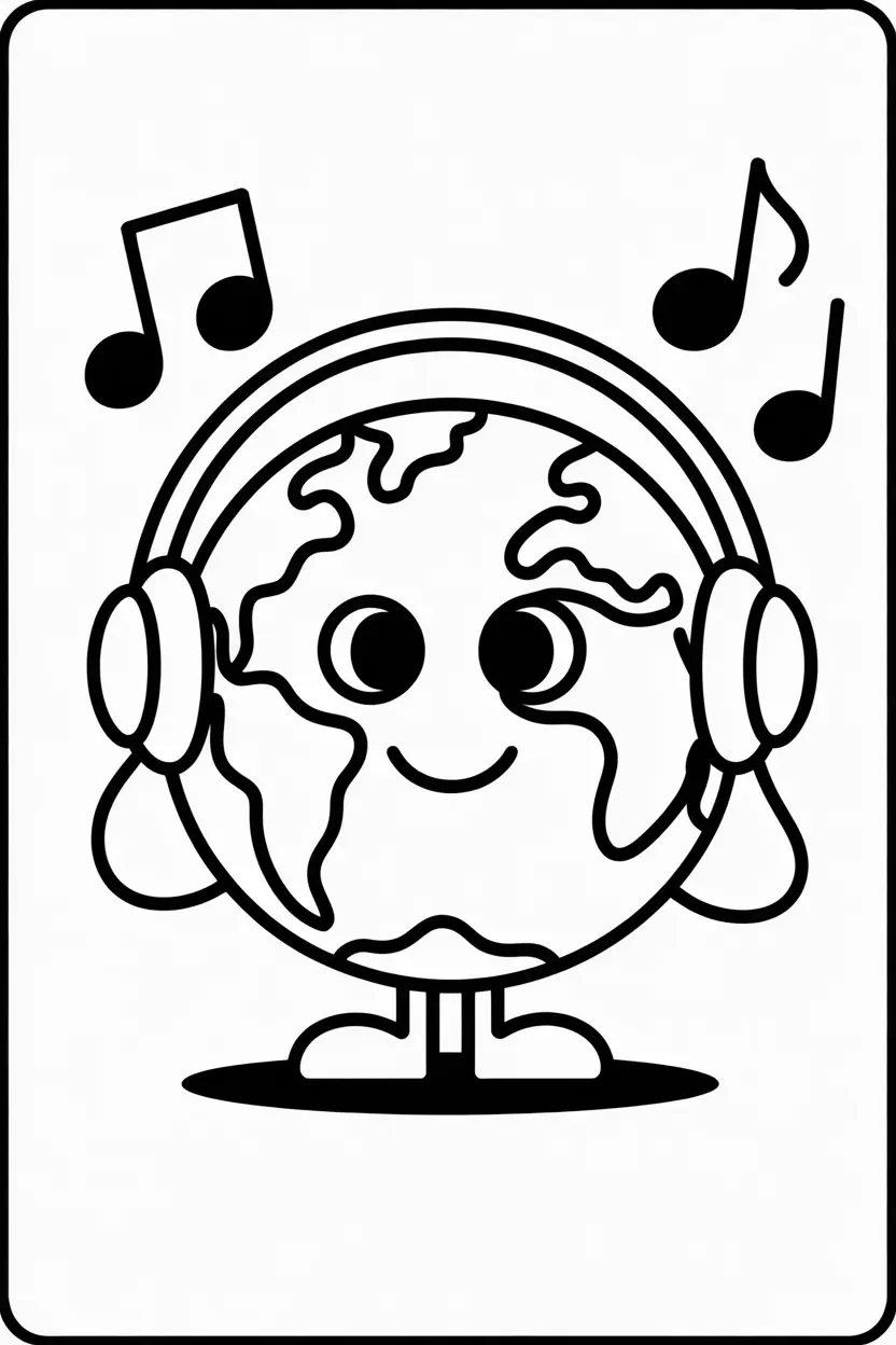 earth wearing headphones listening to music with musical notes