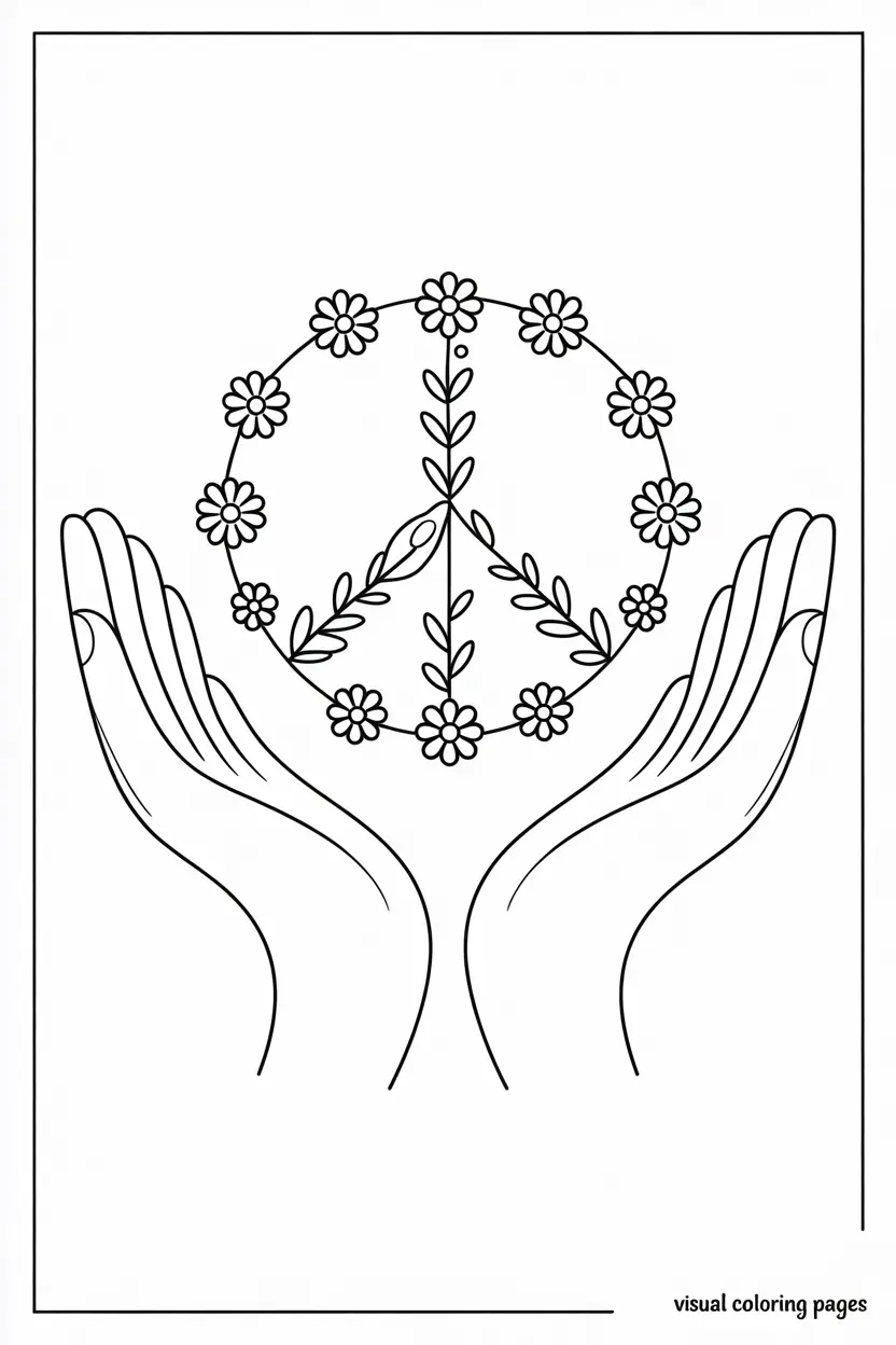 easy hands holding up a floral peace symbol coloring page