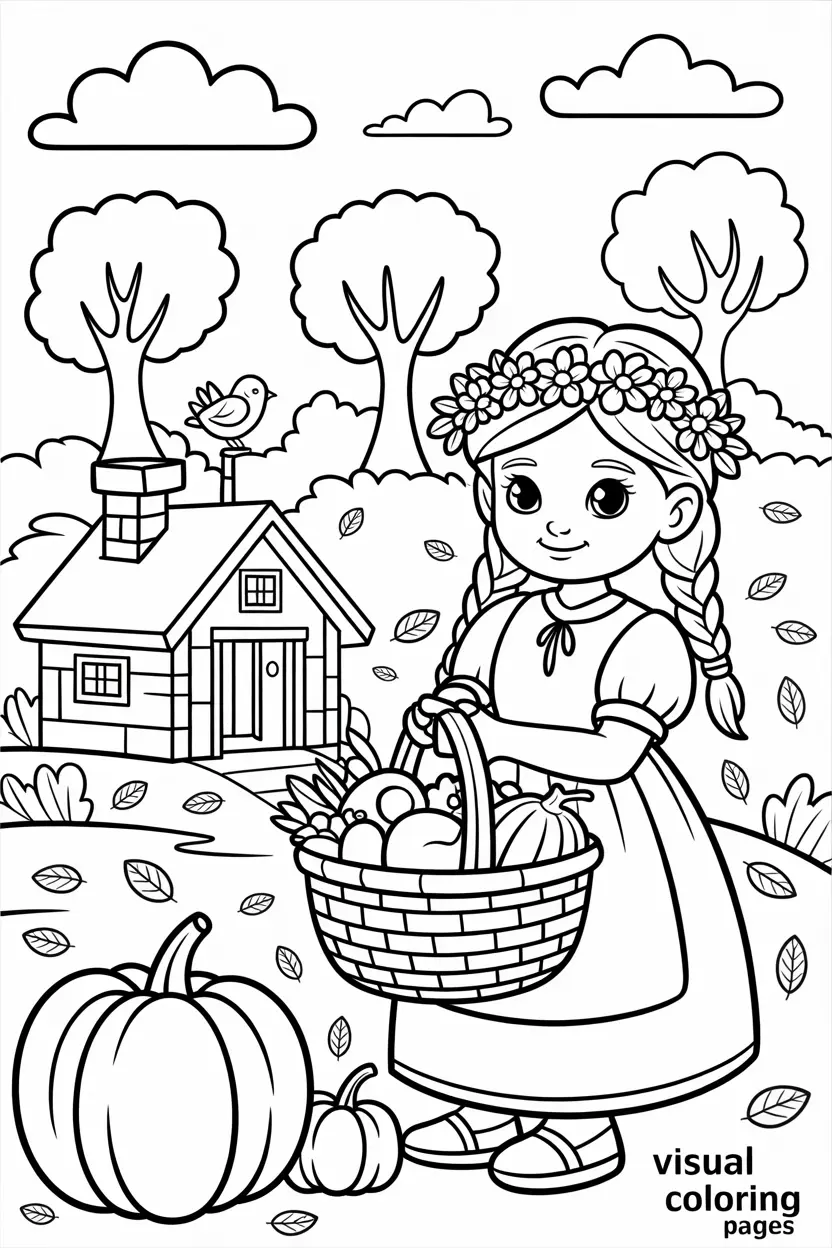 elegant girl surrounded by plants cottagecore coloring page
