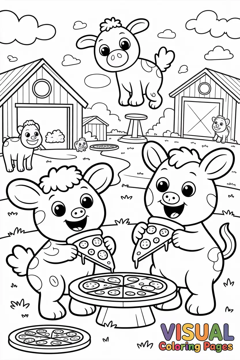 farm animals on a cartoon farm eating pizza slices