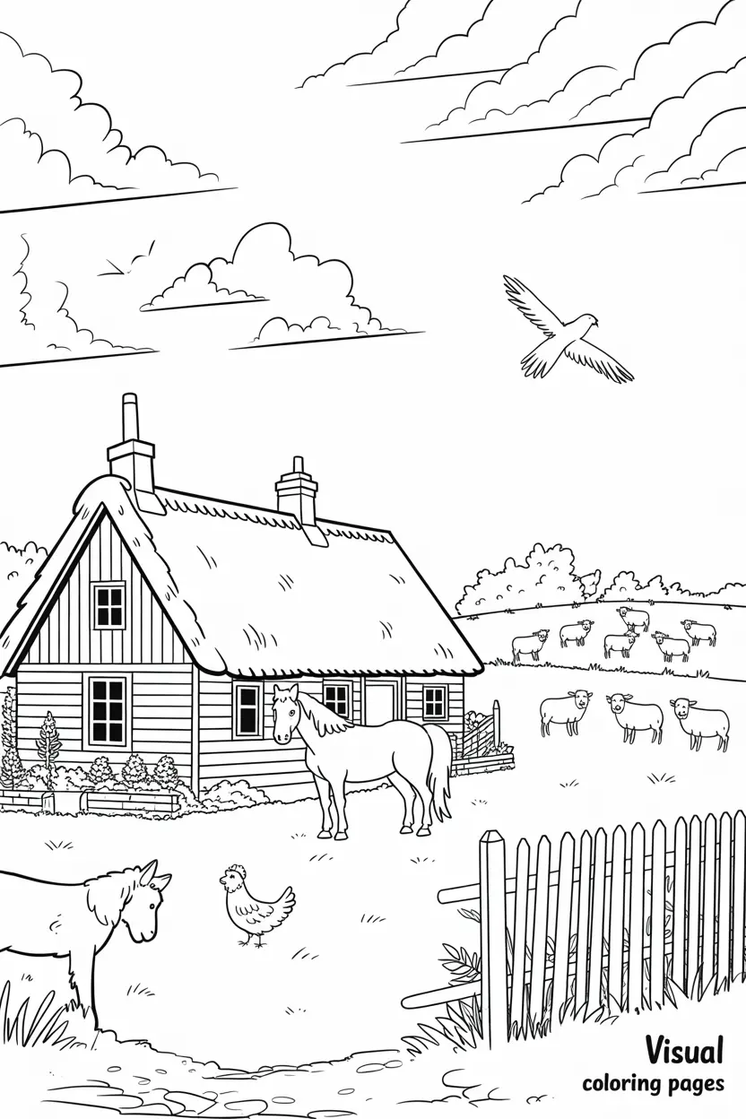 farm animals on the driveway of a cottage coloring page