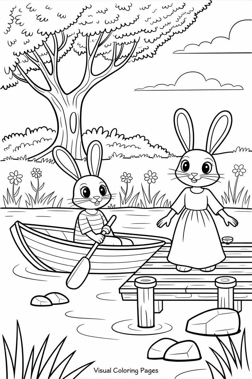 female rabbit picking an apple while male rabbit waits in the boat