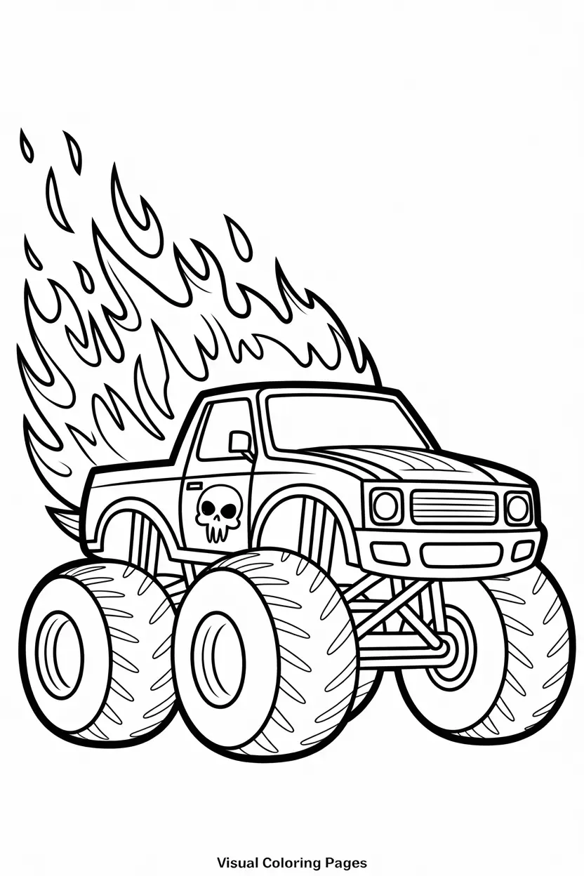 flaming monster truck with skull coloring page