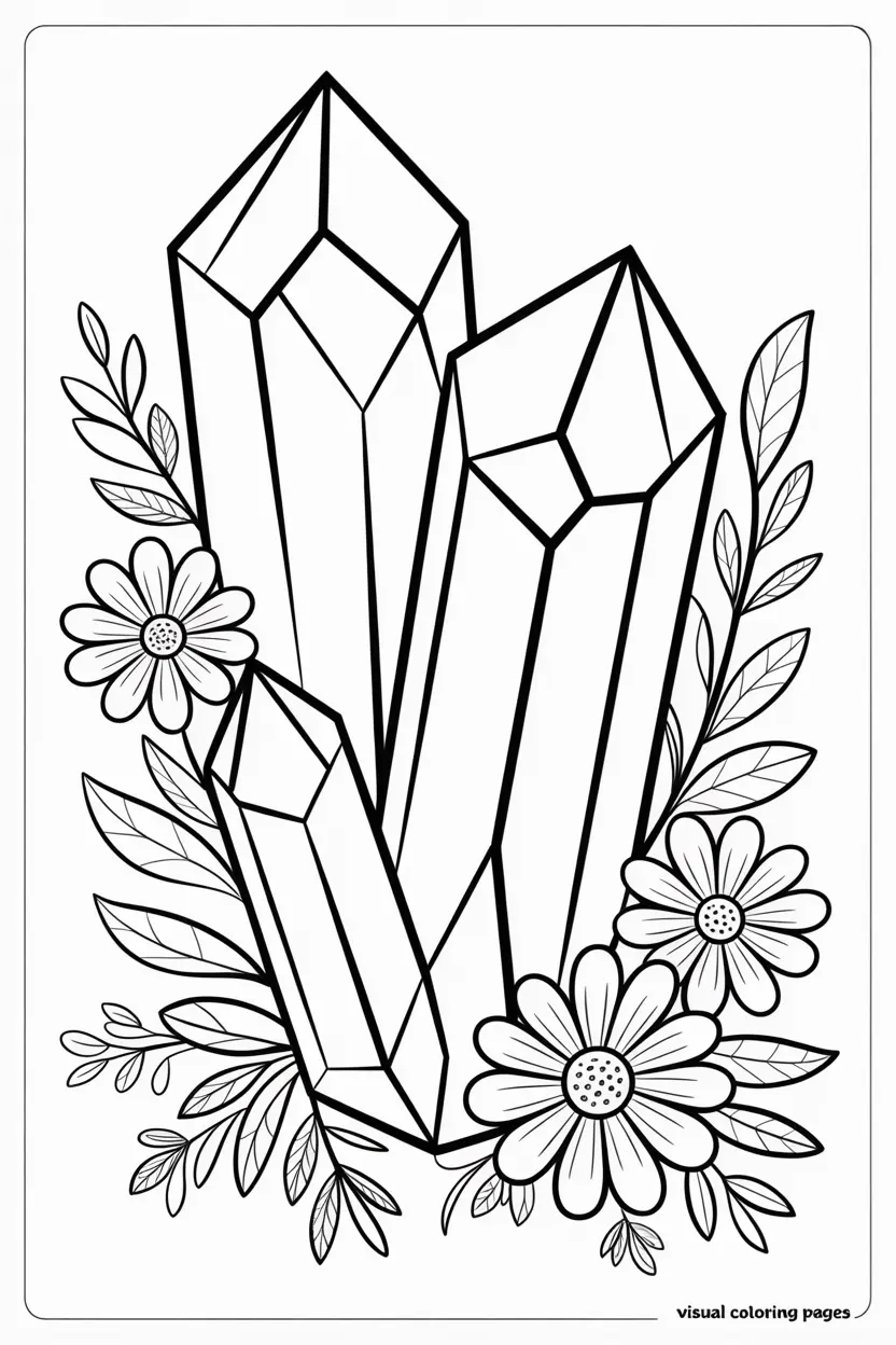 flat lay of crystals and flowers coloring sheet