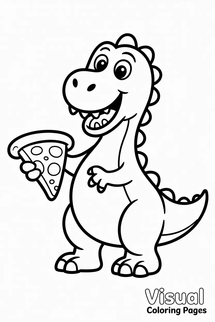 friendly dinosaur holding a big pizza slice