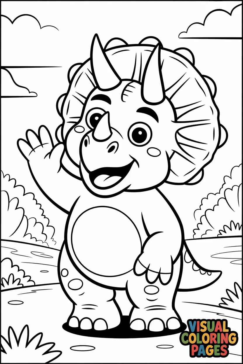 friendly triceratops waving with one hand smiling