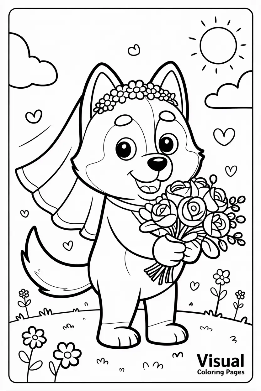 frisky with a wedding veil and flower bouquet
