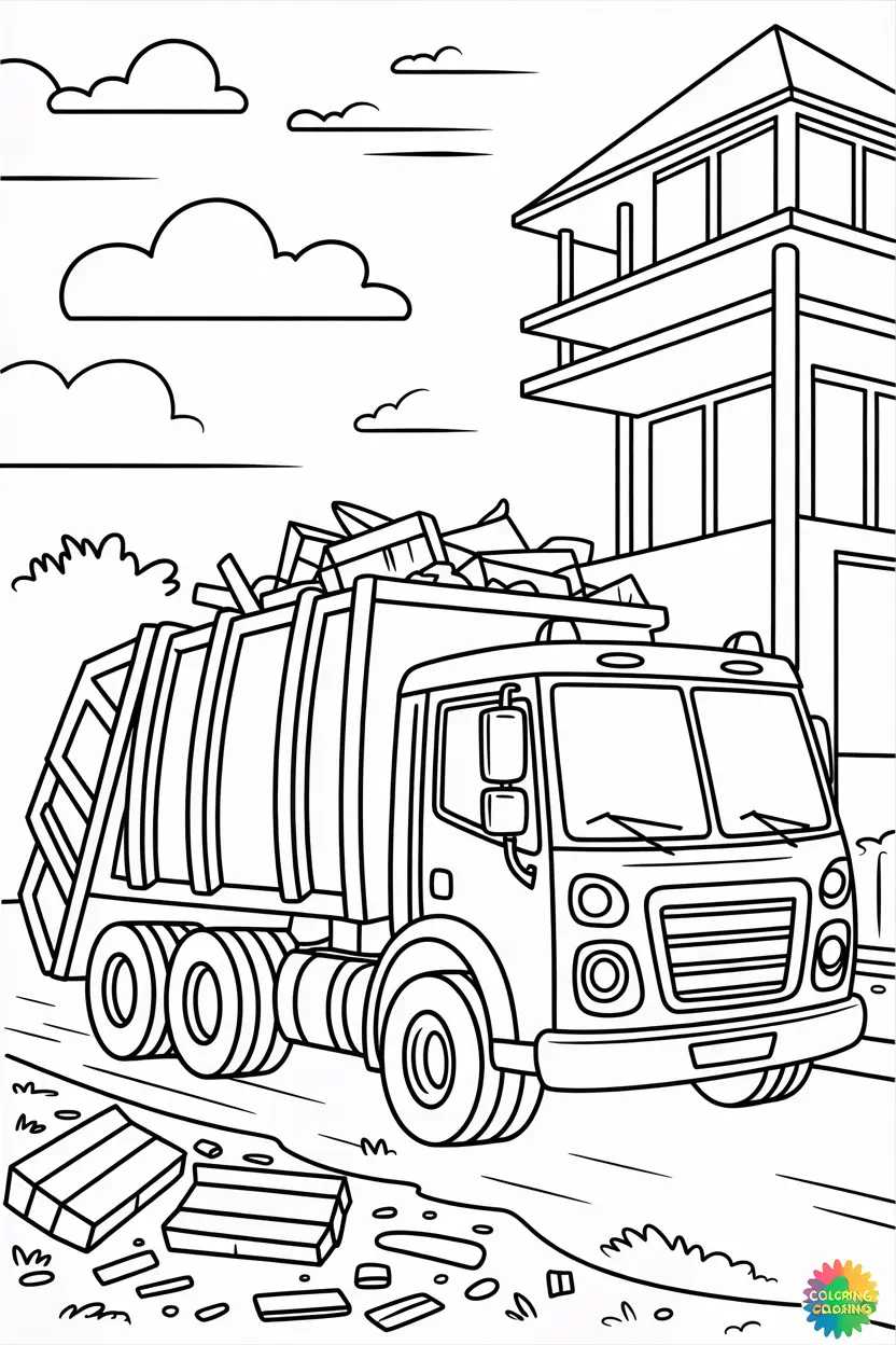 garbage truck at a construction site carrying debris