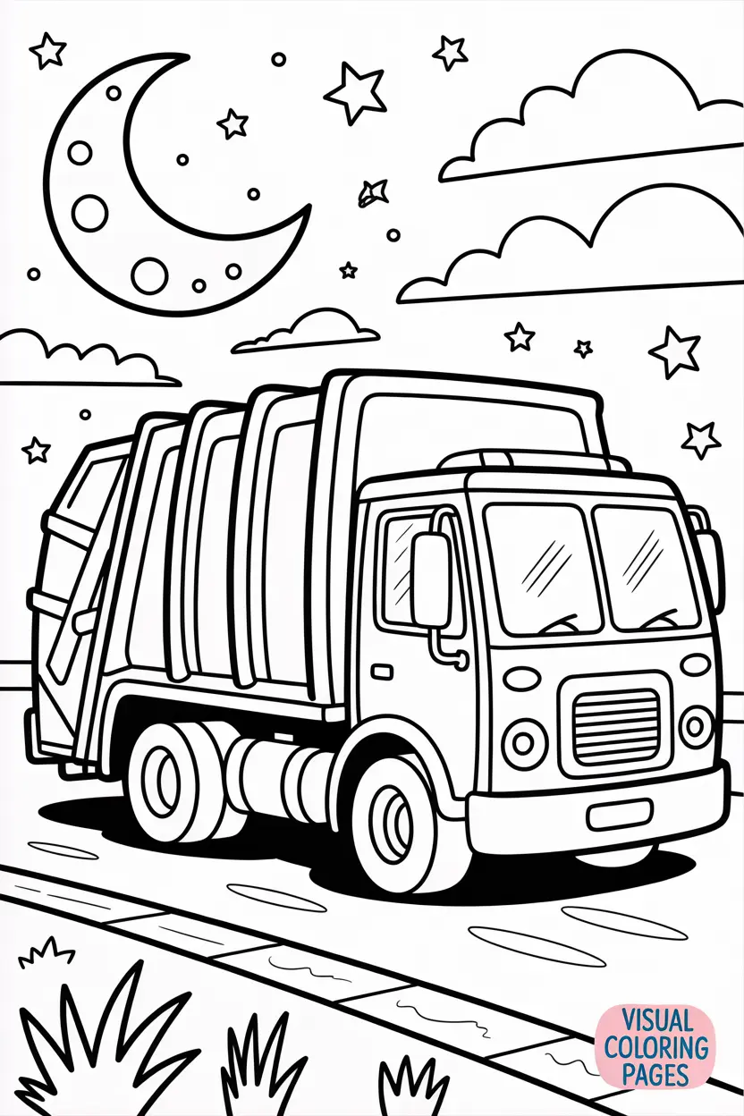 garbage truck at night with moon and stars