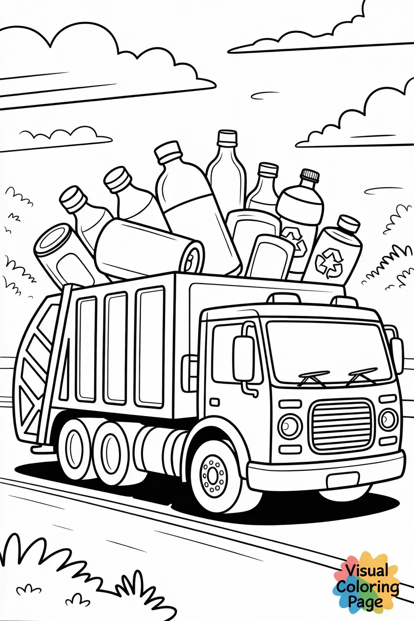 garbage truck carrying recyclables like bottles cans and paper