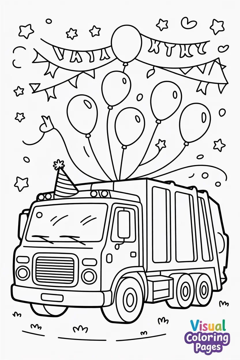 garbage truck decorated with balloons and stars
