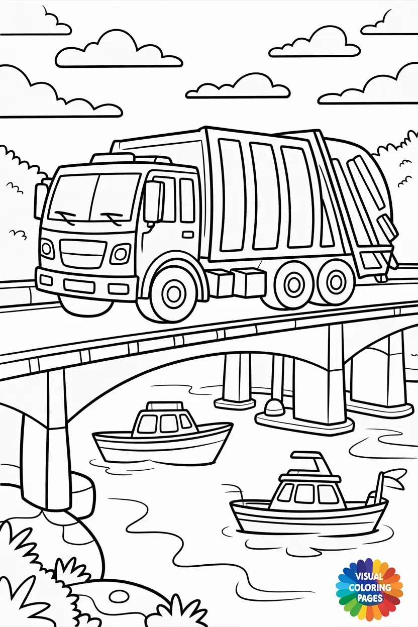 garbage truck driving across a bridge with water and boats below