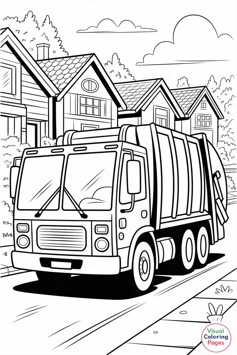 garbage truck driving down a street with houses and trees in the background