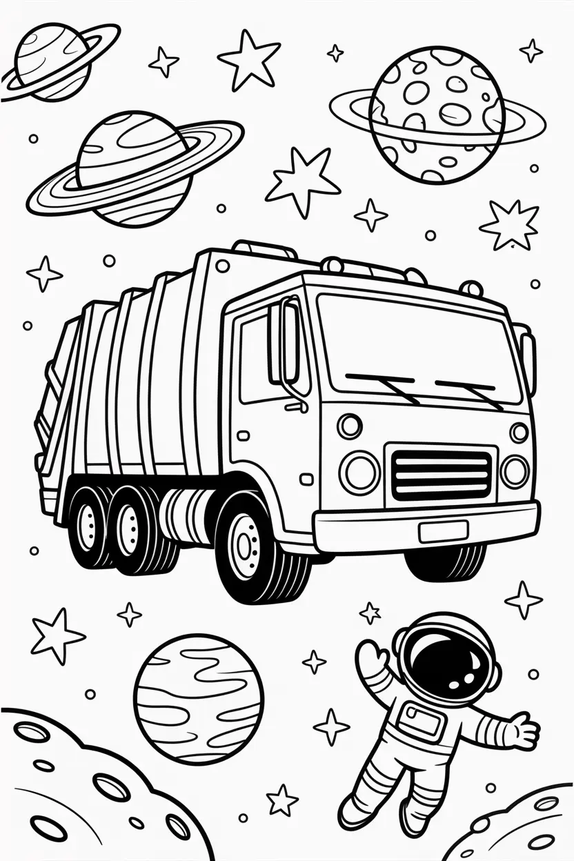 garbage truck floating in space with planets and stars