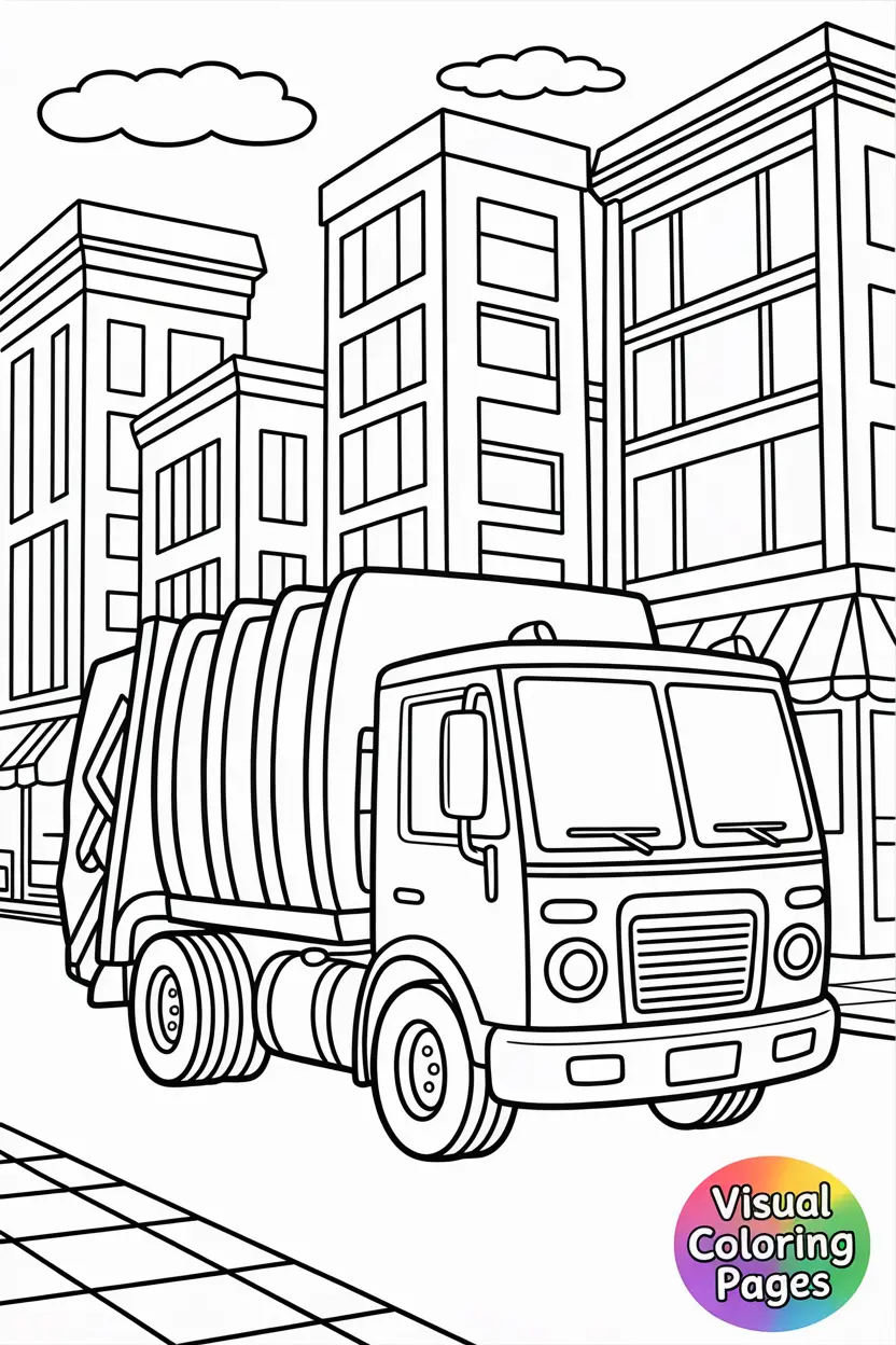 garbage truck in a cartoon city with tall buildings and shops