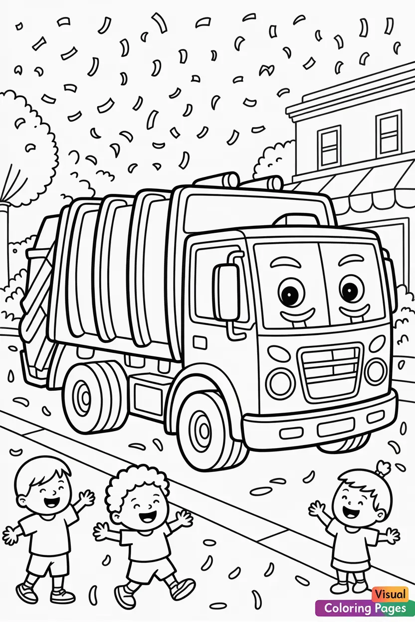 garbage truck in a parade with confetti and kids cheering