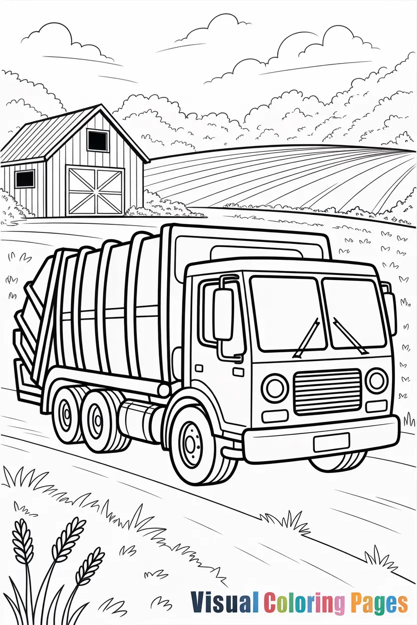 garbage truck in the countryside with a barn and fields in the background