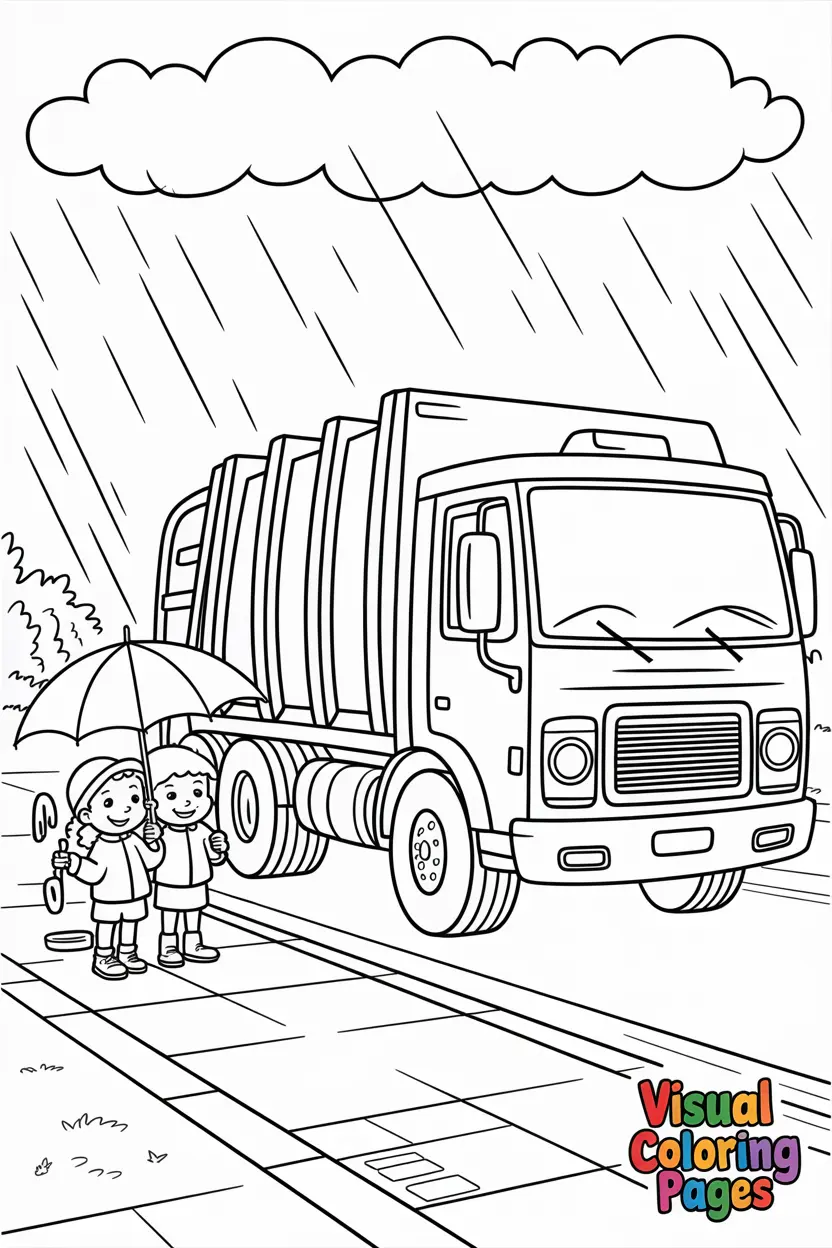 garbage truck in the rain with children holding umbrellas nearby