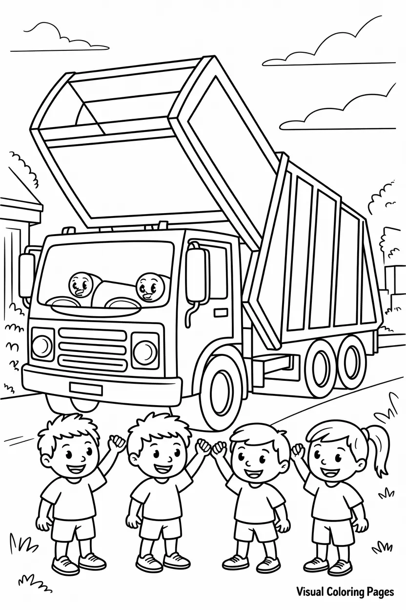garbage truck lifting a trash bin while happy children watch