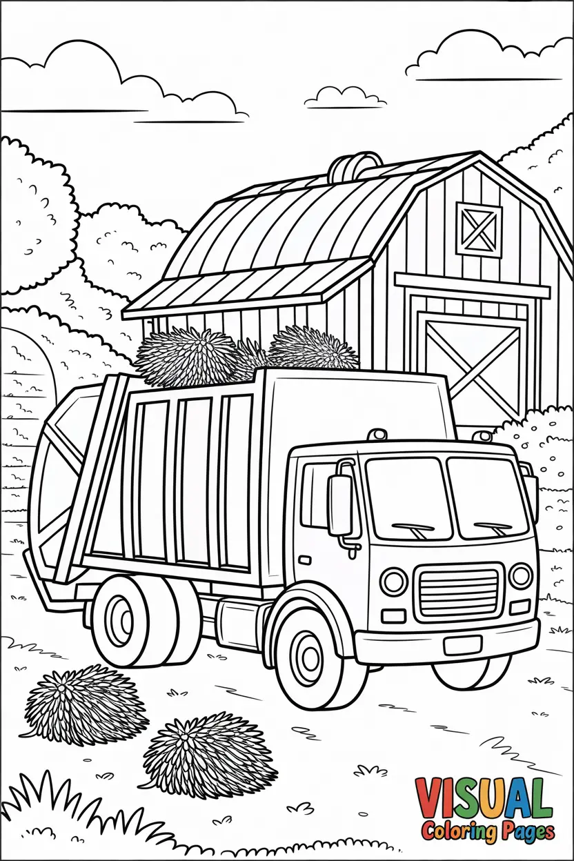 garbage truck on a farm collecting hay and waste barn in background