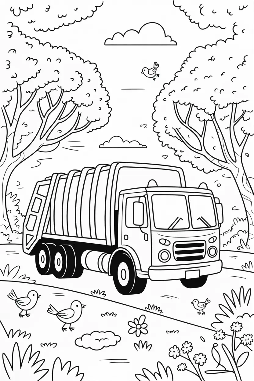 garbage truck surrounded by trees and birds