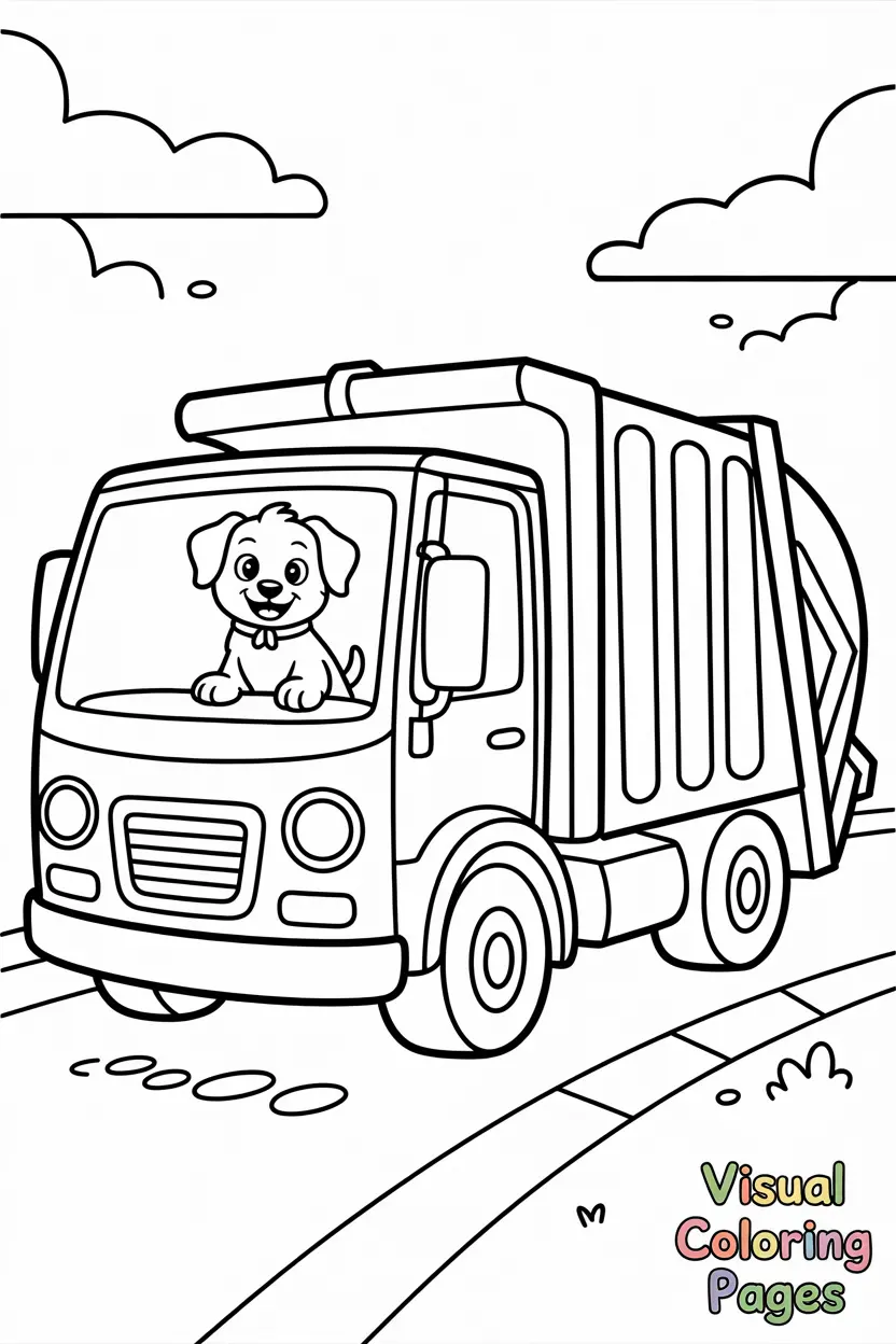 garbage truck with a cute puppy sitting inside the drivers seat