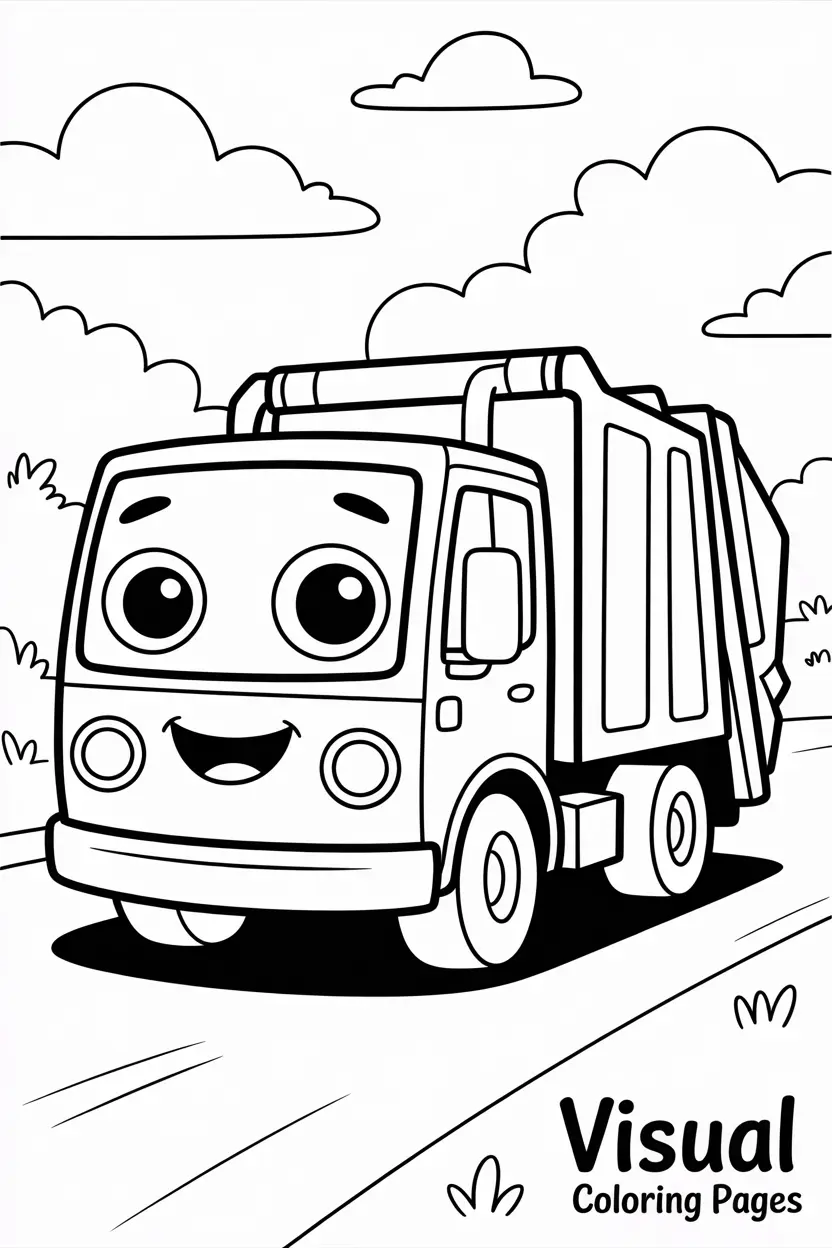 garbage truck with big eyes and a smiling face