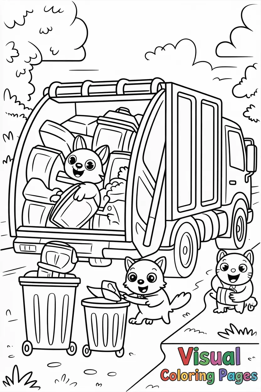 garbage truck with cute animals dog cat bird helping load trash bins
