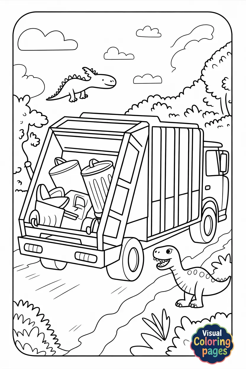 garbage truck with dinosaurs helping load trash bins